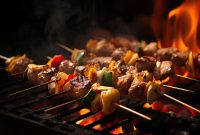 Barbecue skewers meat kebabs with vegetables on flaming grill