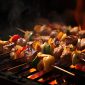 Barbecue skewers meat kebabs with vegetables on flaming grill