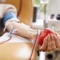 Close-up of patient with tubes in her arm squeezing the ball in her hand while donating the blood